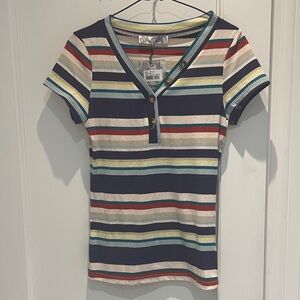 Y2K Oxygen Striped V-Neck Buttoned Ribbed Women Size S Top BNWT Multicolored